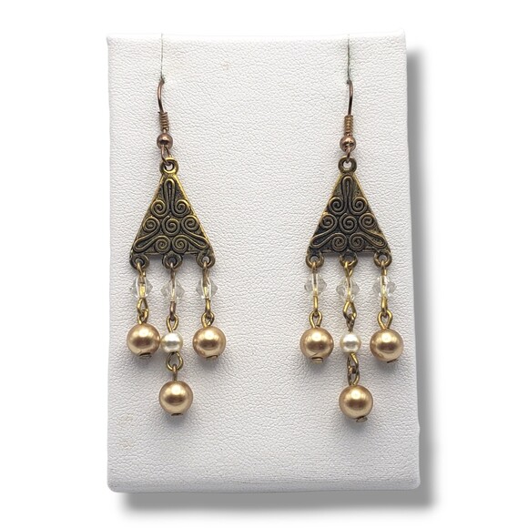 Vintage Gold Brass Tone Dangle Drop Chandelier Faux Pearl Hook Earrings - Picture 3 of 7